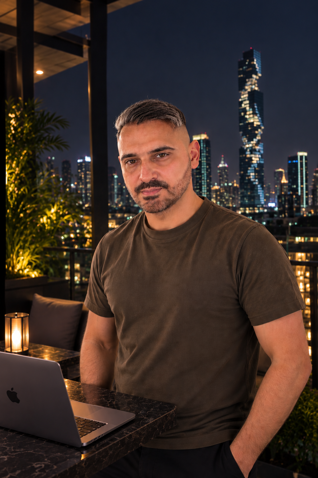 A man in a suit using a laptop on a balcony with city skyscrapers